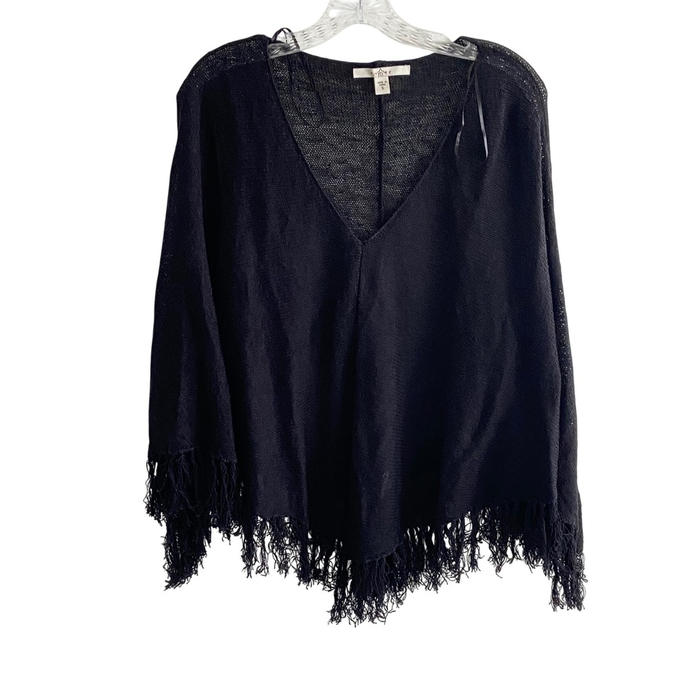Fever Womens Black V-Neck Knit Poncho Sweater Fringe Trim Boho Size Small